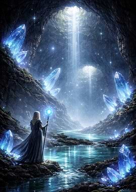 Fantasy Cave with Crystals and Sorceress