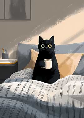 Black cat with coffee in bed