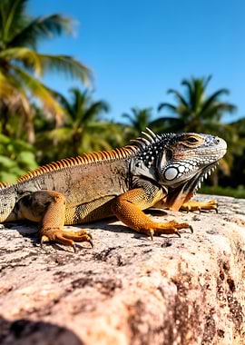 Iguana on a rock with palm trees