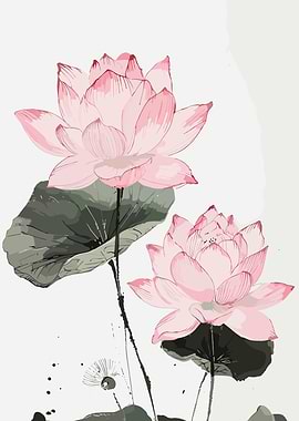 Pink Lotus Flowers and Leaves