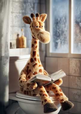 Giraffe reading on a toilet
