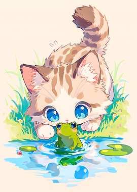 Cute Kitten and Frog by Pond