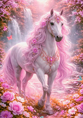 Enchanted Pink Unicorn in Floral Waterfall