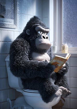 Gorilla Reading a Book on Toilet