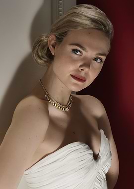 Elle Fanning in White Gown and Necklace