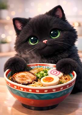 Chubby Black Cat Hugging Ramen Bowl Kawaii 3D Animation Style