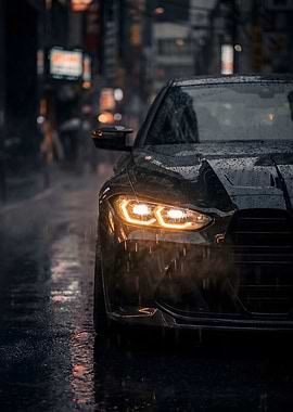 Car Bmw Black in Rainy City
