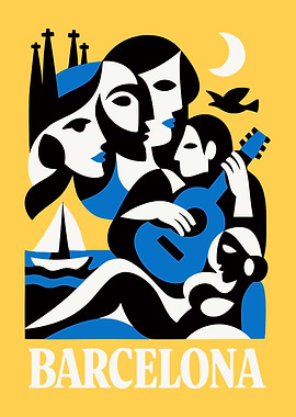 Barcelona Travel Poster with Figures and Guitar