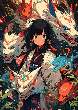 Anime Girl with Mythical Creatures