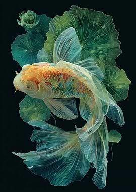 Koi Fish and Lotus Flowers