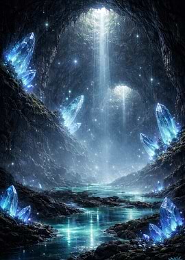 Enchanted Crystal Cave with Waterfall