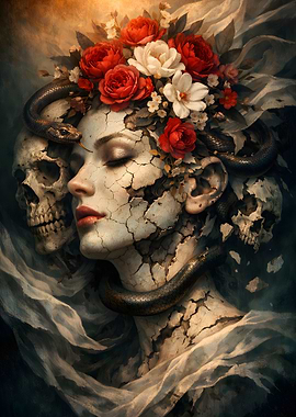 Cracked Woman with Snakes and Skulls