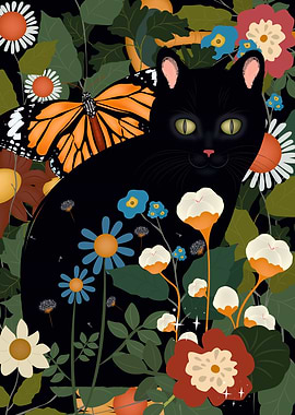 Black Cat with Monarch Butterfly and Flowers