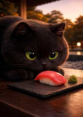 Cute Black Cat Sniffing Sushi on Luxury Japanese Terrace 3D