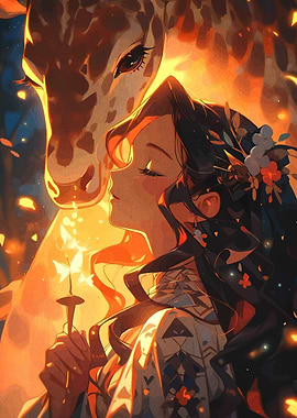 Girl and Giraffe in Warm Light