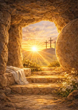 Empty Tomb at Sunrise with Three Crosses