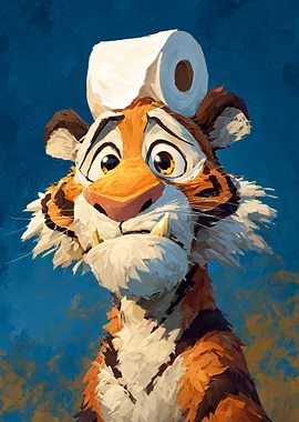 Tiger with Toilet Paper on Head