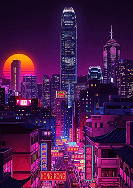 Retro Hong Kong Cityscape at Sunset