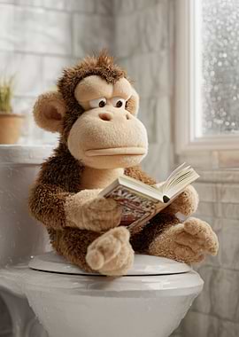 Monkey reading a book on a toilet