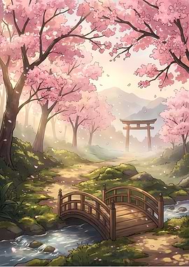 Cherry Blossom Bridge and Torii Gate
