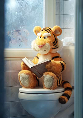 Tiger reading on a toilet