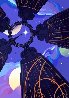 Sci-fi space station in colorful effect shiny nebula