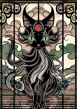Art Nouveau Black Cat Stained Glass