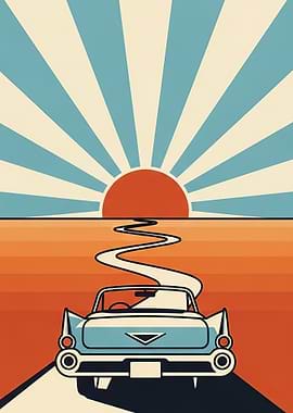 Retro Car Driving Towards a Sunset