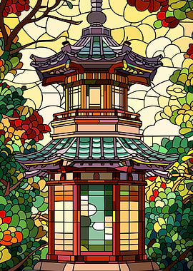 Stained Glass Pagoda with Floral Surroundings