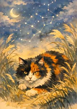 Calico Cat Under the Stars