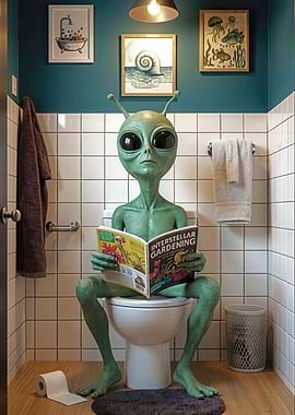 Alien reading on the toilet