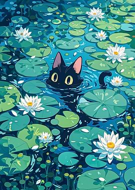 Black Cat in a Lily Pond