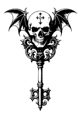 Gothic Skull Key with Bat Wings