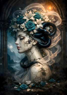 Mythological Woman with Snake and Flowers