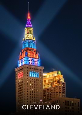 Cleveland skyscraper lit up at night