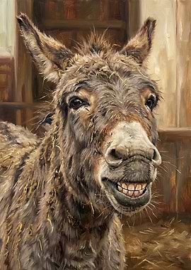 Close-up painting of a smiling donkey