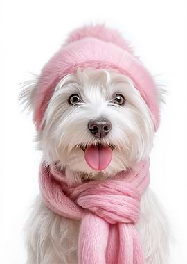 Cute Westie Dog Wearing Pink Scarf and Hat