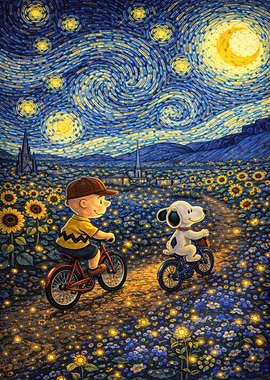 Charlie Brown and Snoopy Biking Under Starry Night