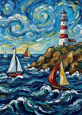 Starry Night Lighthouse and Sailboats