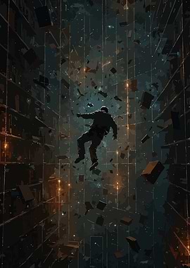 Man falling in a surreal library