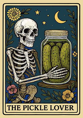The Pickle Lover Poster, Skeleton Pickle Art Print, Whimsical Gothic Wall Decor