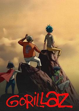 Gorillaz characters on a mountain