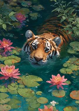 Tiger in a Lotus Pond oil painting