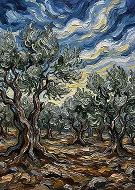 Olive Grove Under a Dramatic Sky