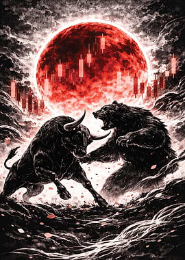Bull vs Bear Market Battle In Red Moon Japanese Tattoo Art