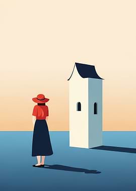 Woman in red hat by a tower