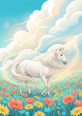 White Horse in a Flower Field