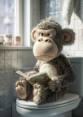Monkey reading a book on a toilet