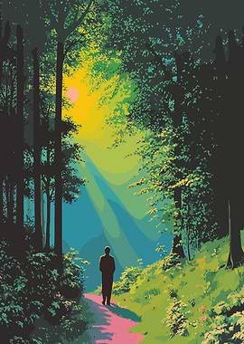 Person walking on forest path at sunset