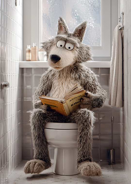 Wolf reading a book on a toilet
